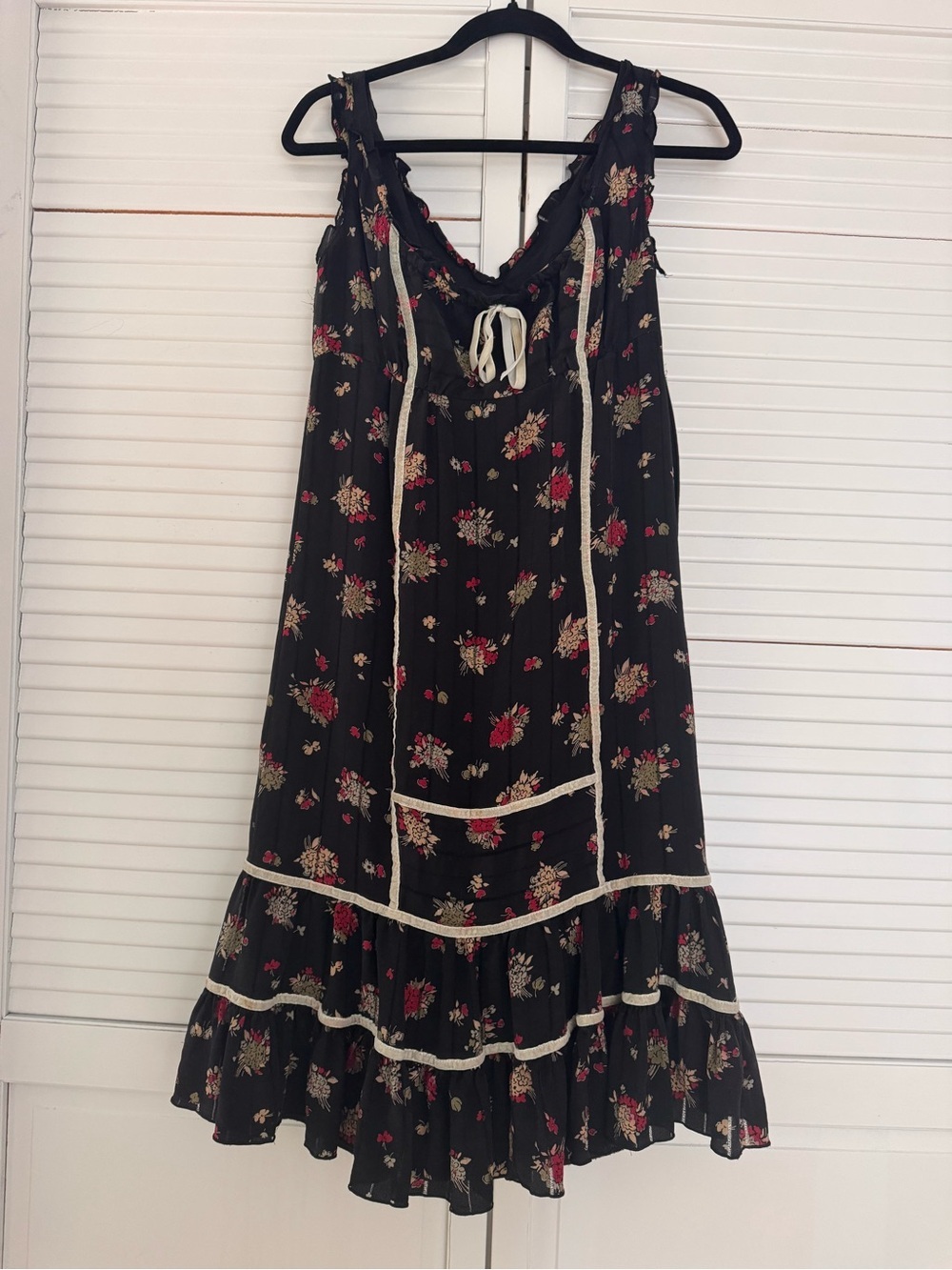 Anna Sui Black Floral Tiered Sundress 100 Silk with Lace Trim